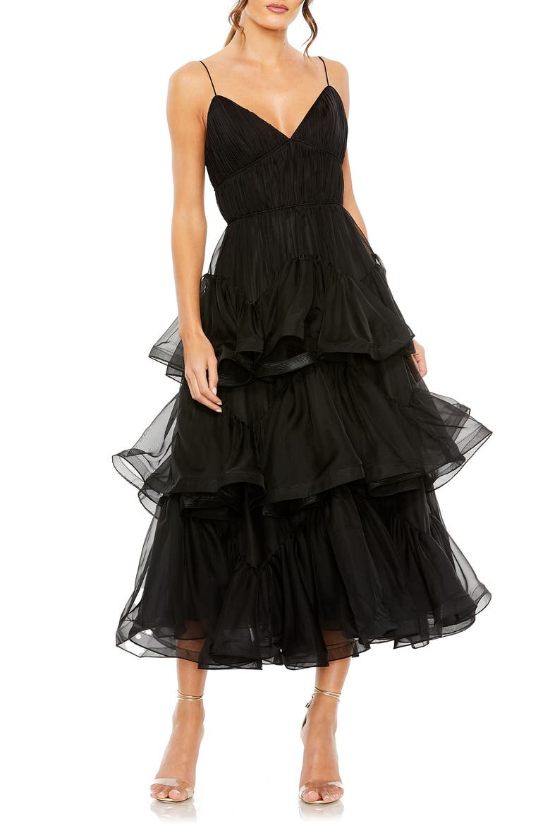 V Neck Tiered Ruffle Midi Dress, Main, color, BLACK