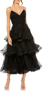 Mac Duggal V Neck Tiered Ruffle Midi Dress