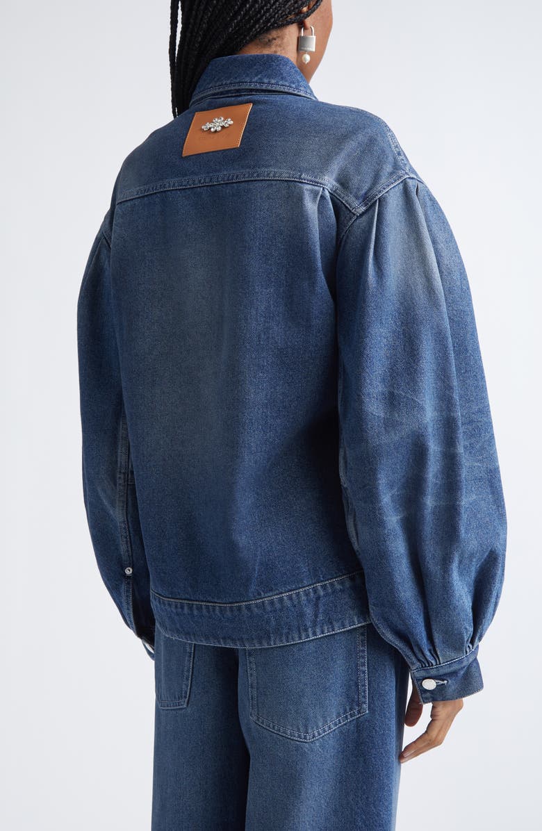 Simone Rocha Faux Pearl Detail Belted Denim Jacket, Alternate, color, Distressed Blue/ Pearl