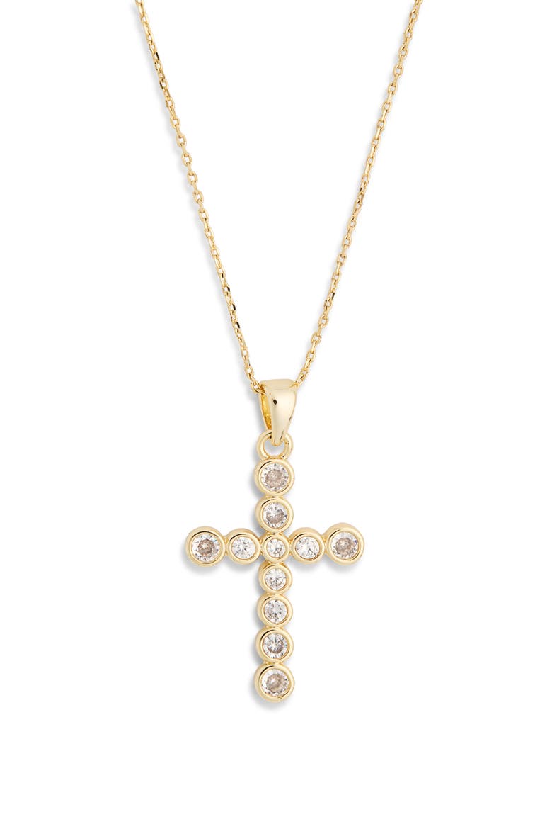 Cubic Zirconia Bezel Cross Pendant Necklace, Alternate, color, CLEAR- GOLD
