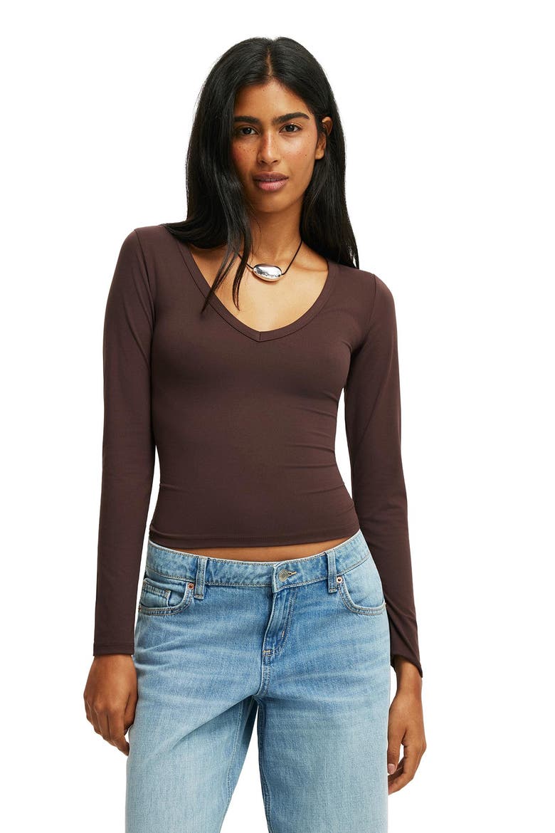 Women's Hold Me V Neck Long Sleeve, Main, color, Dark Oak