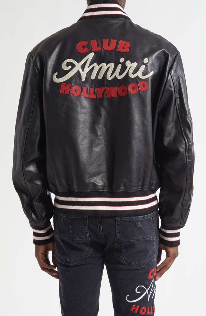AMIRI Club Amiri Embroidered Leather Varsity Jacket, Alternate, color, Black