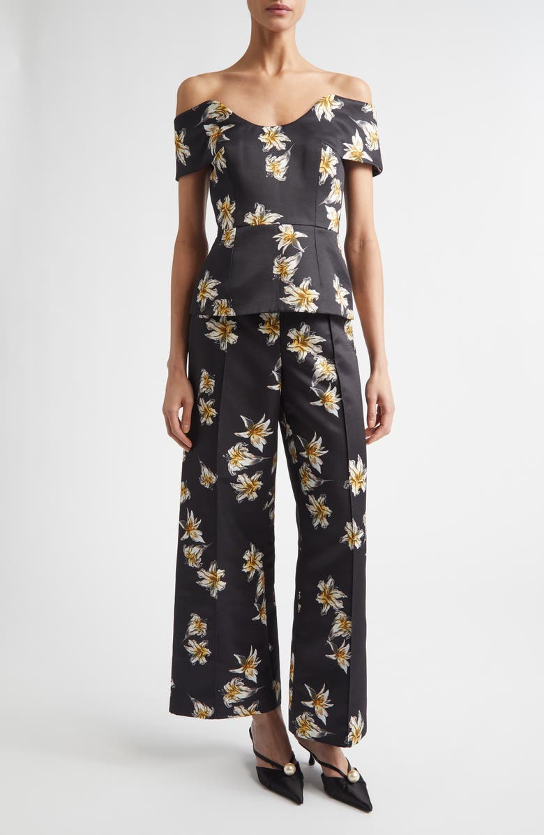 Emilia Wickstead Daffy Floral Faille Wide Leg Pants, Alternate, color, Festive Lilies Black Yellow