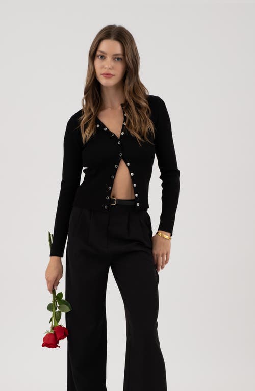 Blu Pepper Snap Button Front Rib Long Sleeve Top In Black
