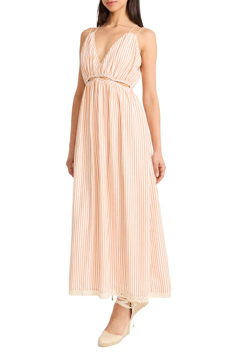 Cutout Stripe Midi Dress, Alternate, color, CARAMEL/ WHITE