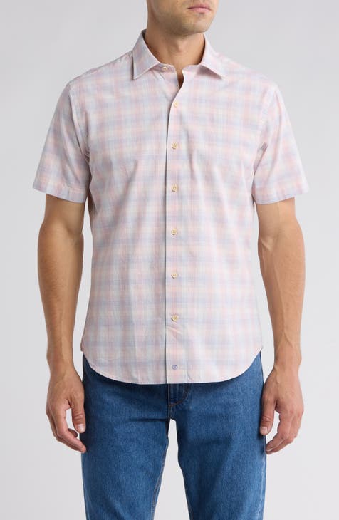 Check Poplin Casual Short Sleeve Cotton Button-Up Shirt