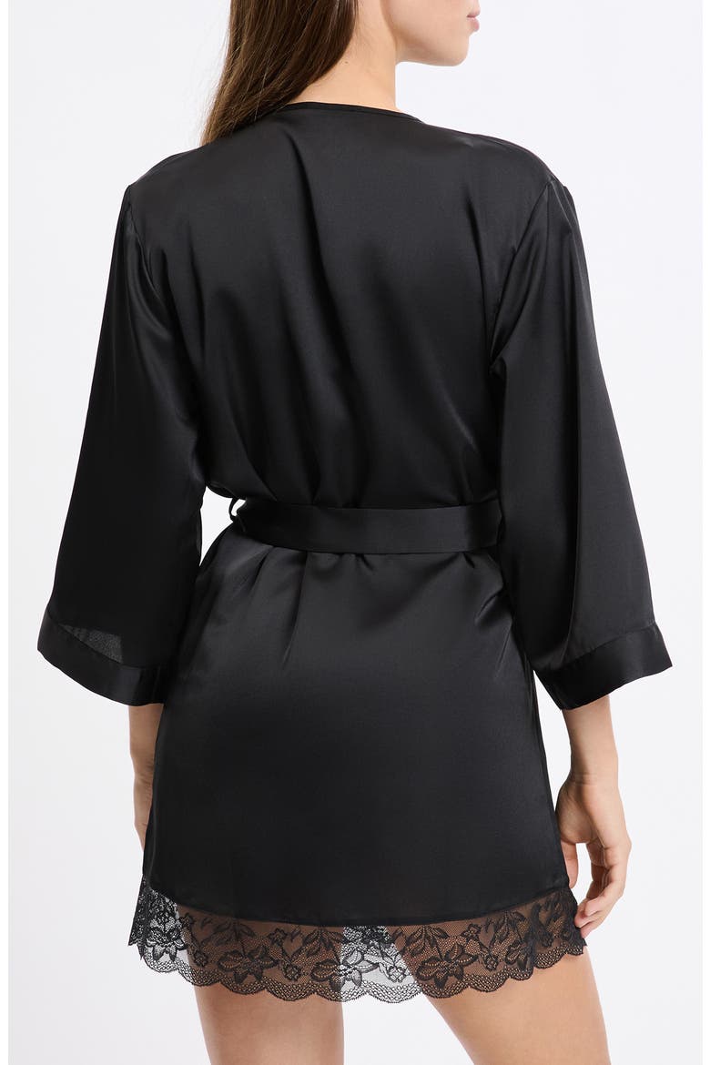 Desire Lace Trim Satin Robe, Alternate, color, BLACK