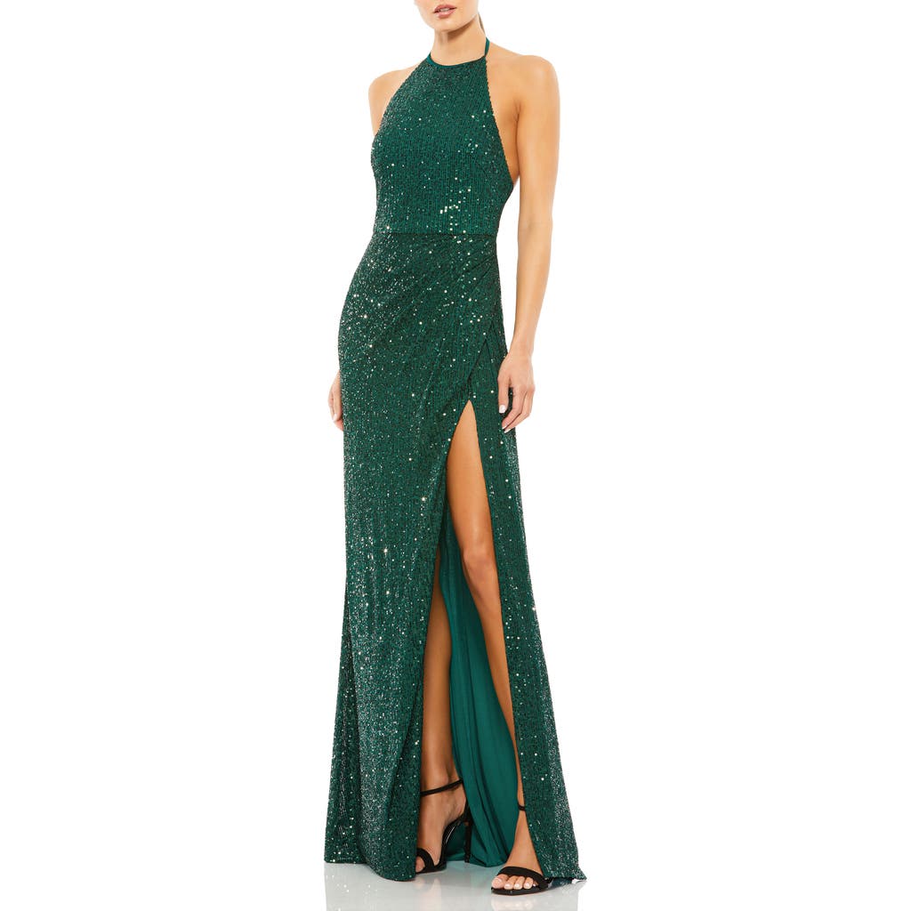 Mac Duggal Sequin Open Back Halter Neck Gown In Bottle Green