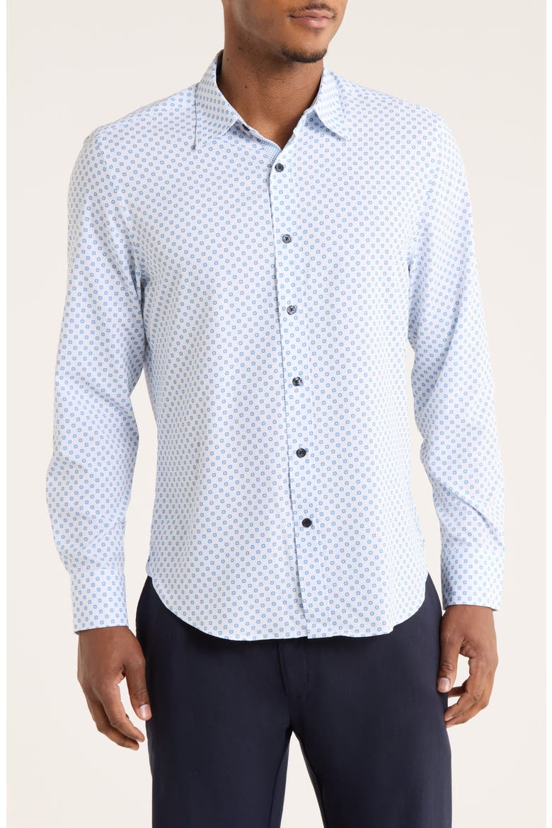 Abstract Dot Print Slim Fit 4-Way Stretch Button-Up Shirt, Main, color, WHITE/ BLUE