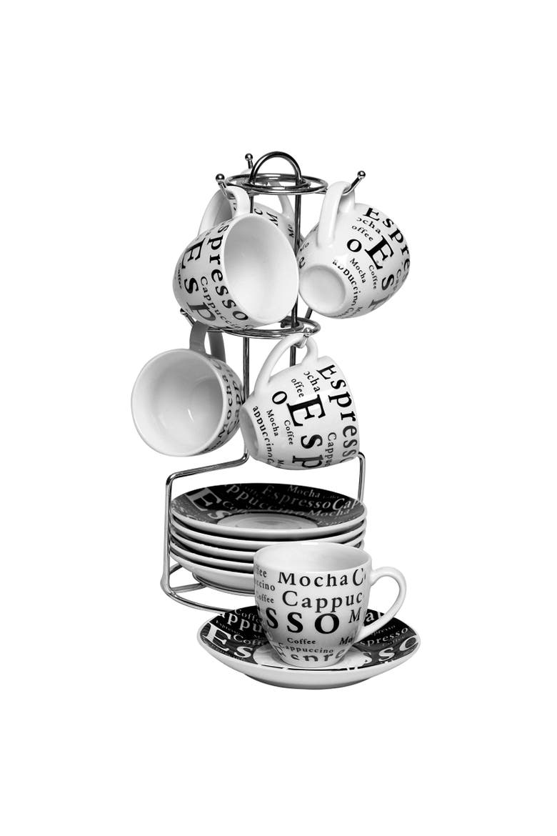 Espresso 13 Piece Small 3 oz Stoneware Coffee Cup Set with Wire Saucer Cup Rack, Alternate, color, White