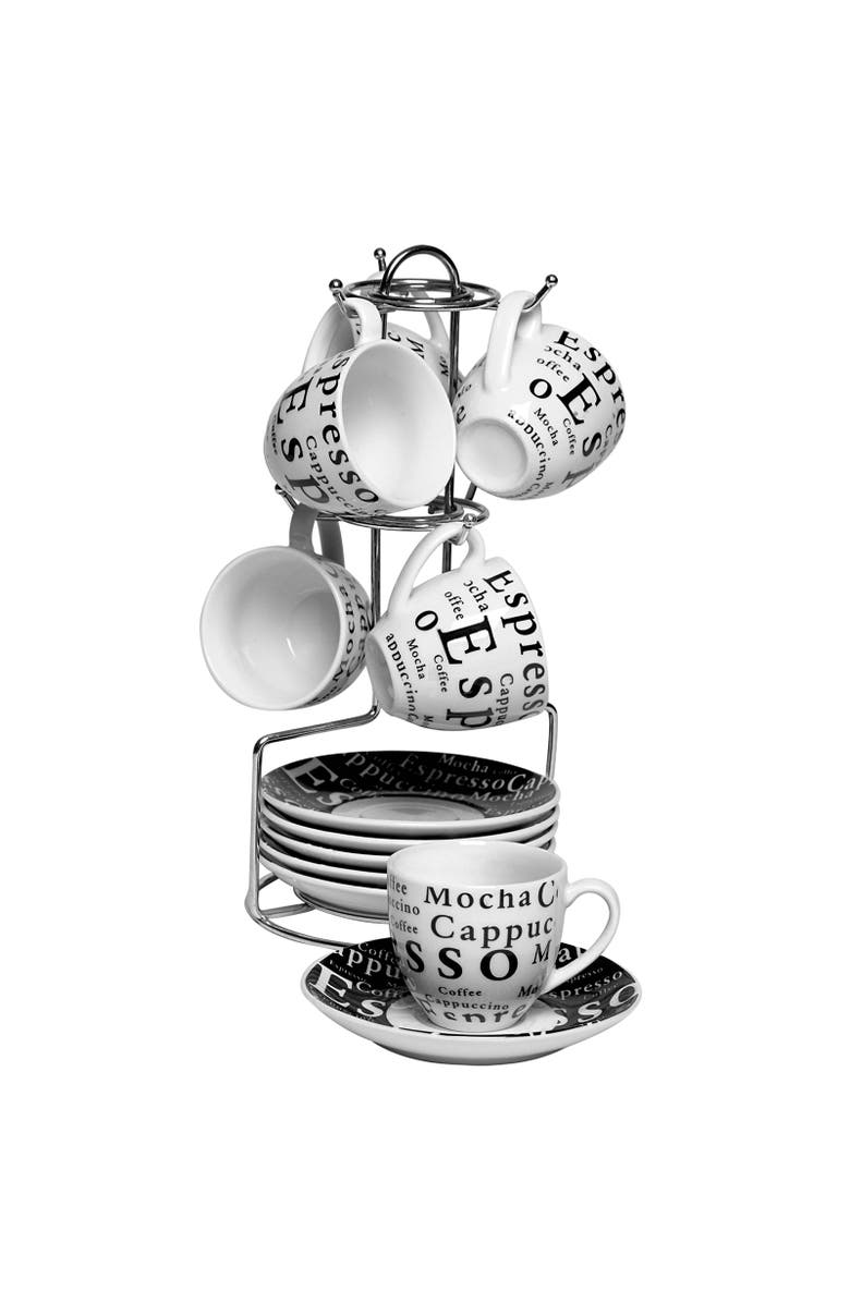 Gibson Espresso 13 Piece Small 3 oz Stoneware Coffee Cup Set with Wire Saucer Cup Rack, Alternate, color, White