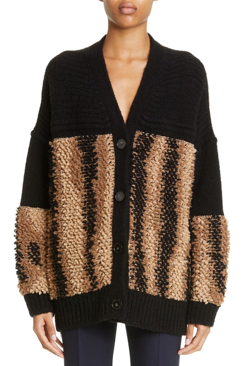 Fur Free Bouclé Panel Wool Blend Cardigan, Main, color, BLACK MULTICOLOR
