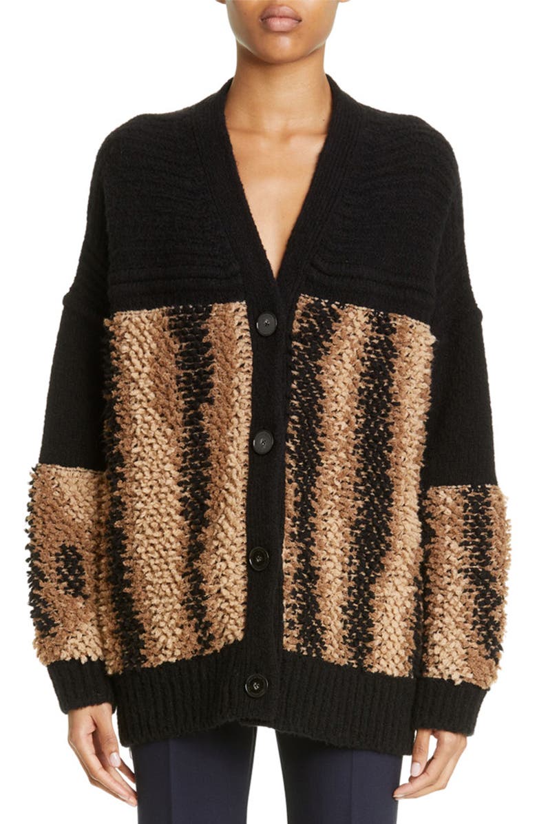 Stella McCartney Fur Free Bouclé Panel Wool Blend Cardigan, Main, color, 