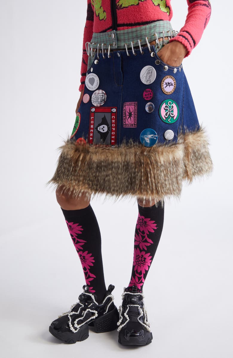 Chopova Lowena Kram Button & Patch Embellished Carabiner Skirt with Faux Fur Trim, Main, color, Blue Multi
