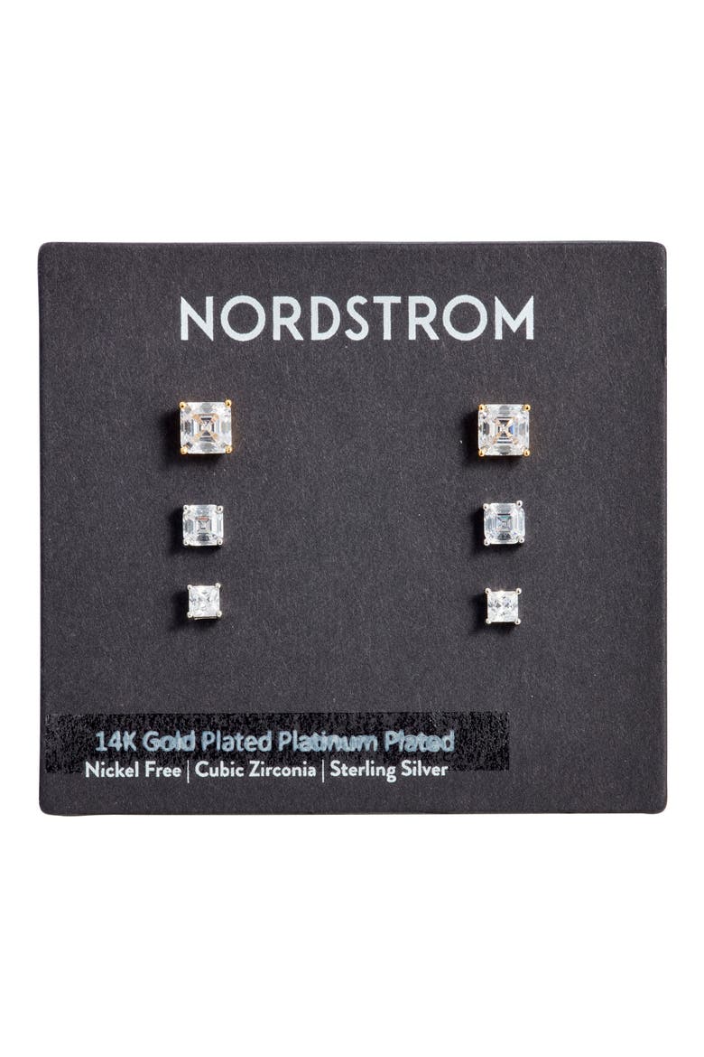 3-Pack Cubic Zirconia Square Stud Earrings, Main, color, 14K GOLD- PLATINUM PLATING