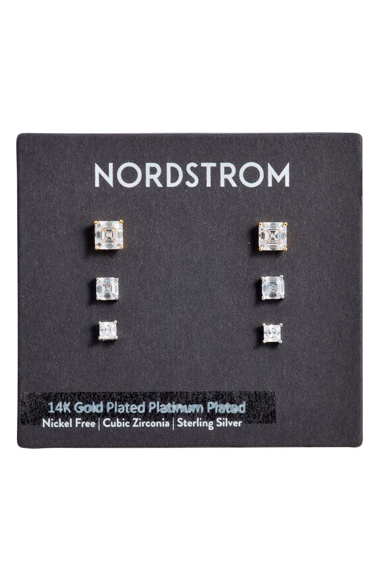 Nordstrom 3-Pack Cubic Zirconia Square Stud Earrings, Main, color, 14K Gold- Platinum Plating