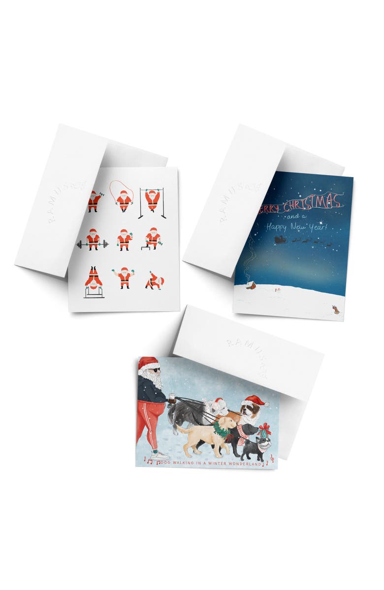 Ramus & Co Holiday Winter Card Pack (3ct, Assorted) Santa Working Out, Santa Dog Walking, Slay Wishes, Main, color, Multi-Pack