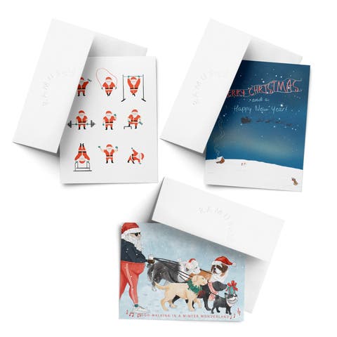 Holiday Winter Card Pack (3ct, Assorted) Santa Working Out, Santa Dog Walking, Slay Wishes