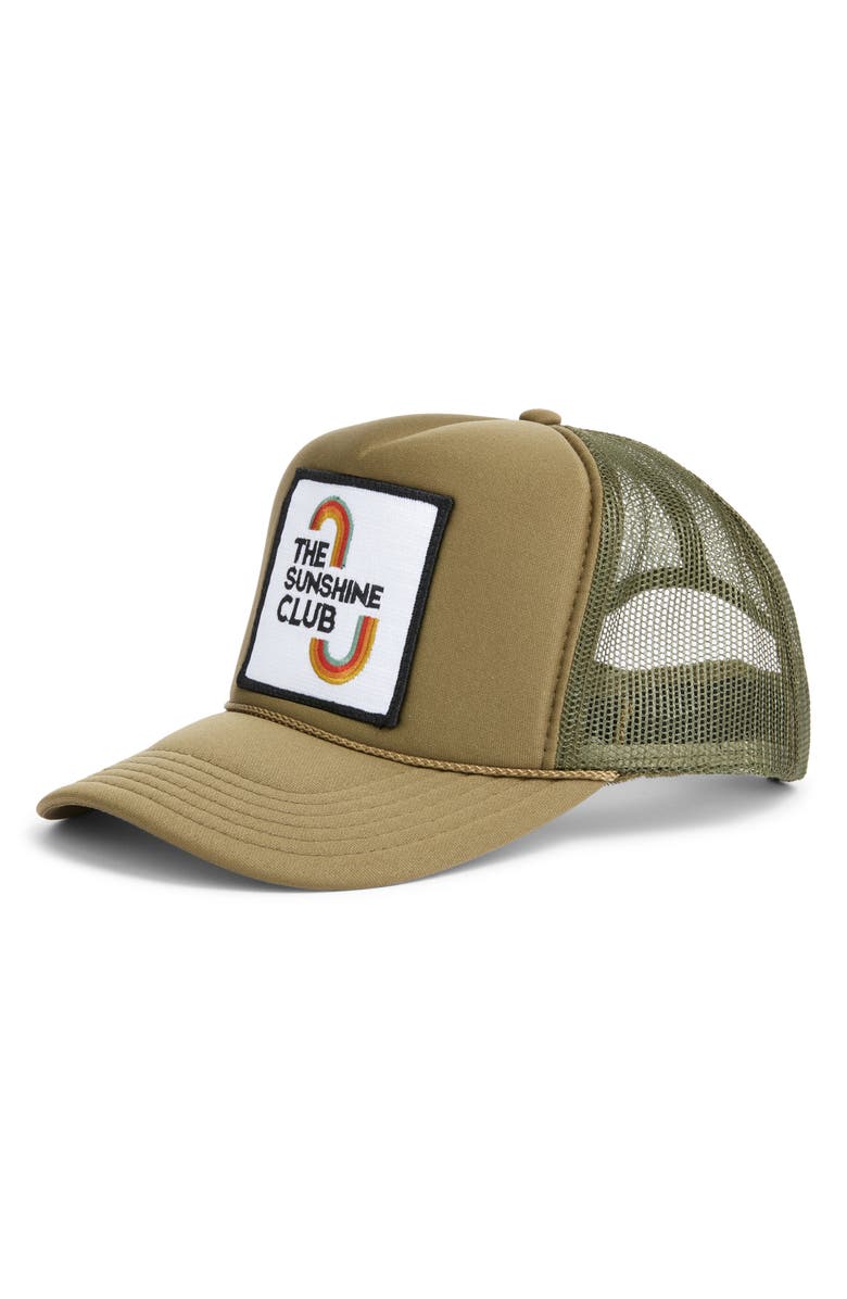 Friday Feelin’ The Sunshine Club Trucker Hat, Main, color, Olive