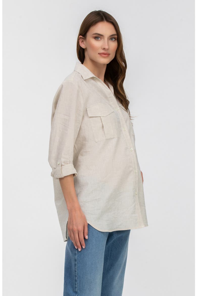 Safari Linen & Cotton Button-Up Maternity Shirt, Alternate, color, OAT MILK
