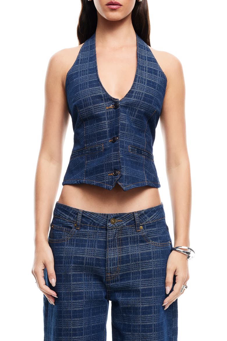 Renewal Crop Denim Halter Top, Main, color, INDIGO PLAID