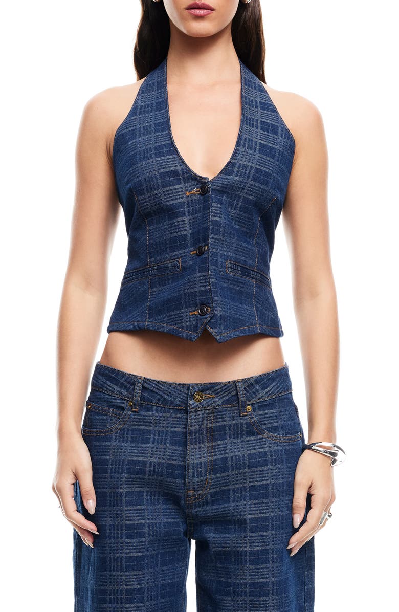 LIONESS Renewal Crop Denim Halter Top, Main, color, Indigo Plaid
