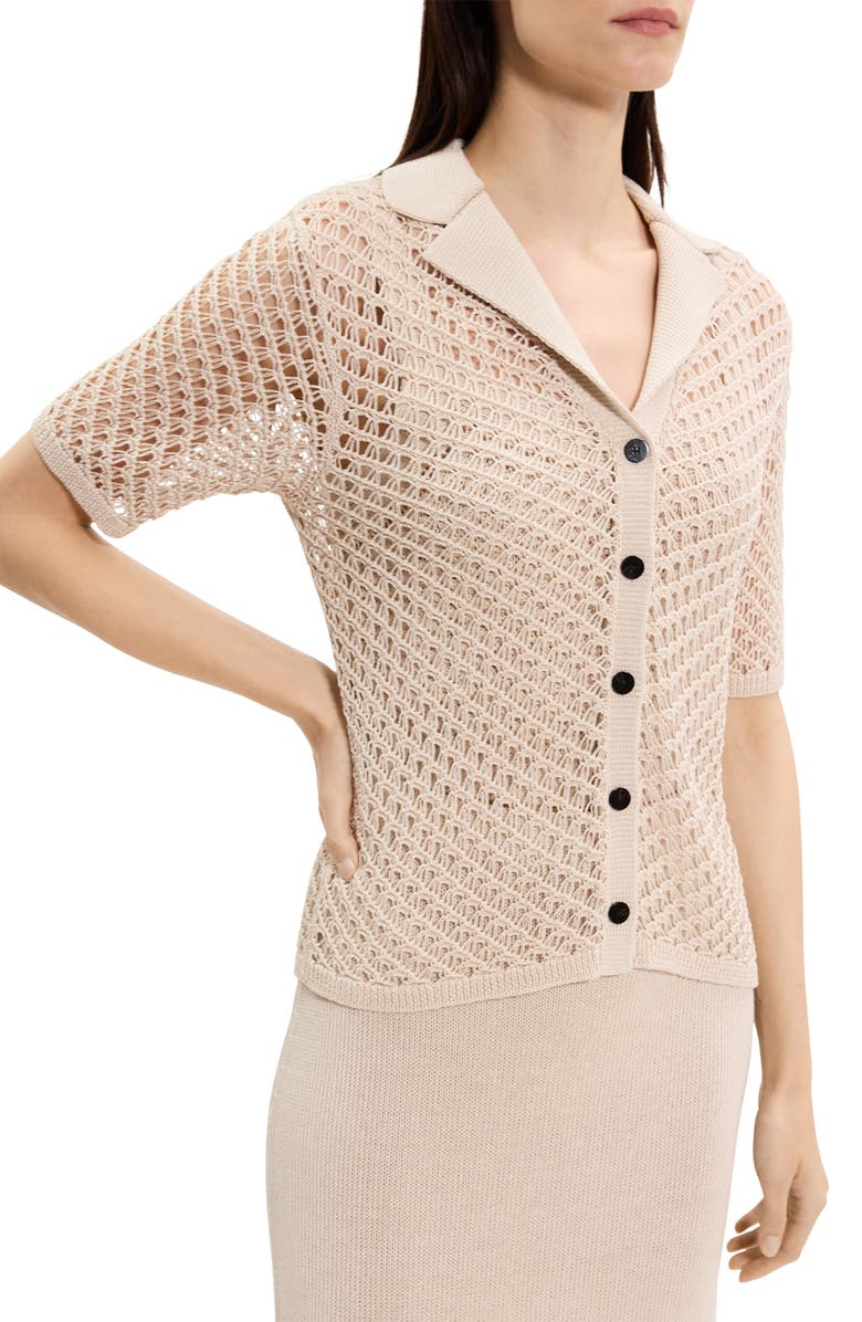 Theory Openwork Knit Camp Shirt, Alternate, color, Almond