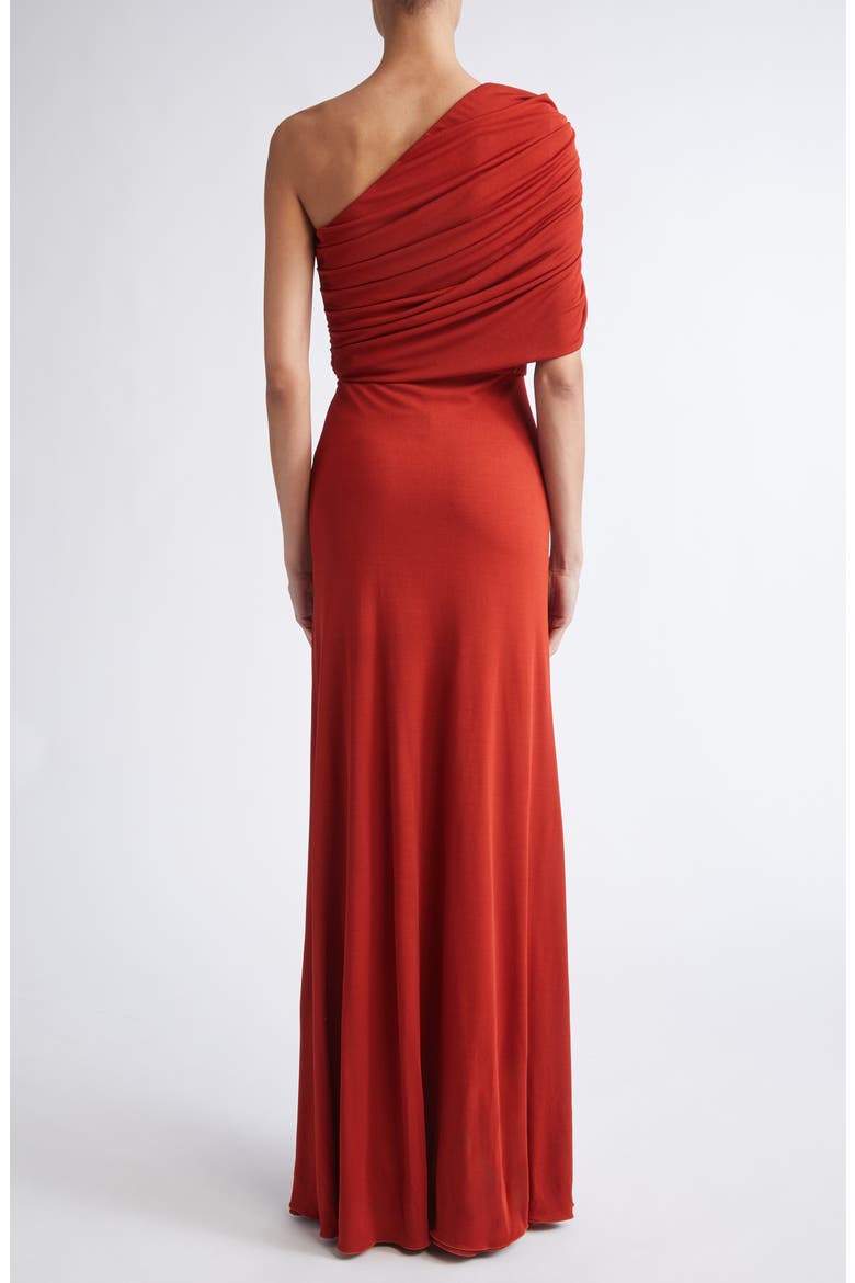 Ruched One-Shoulder Knit Gown, Alternate, color, BRICK