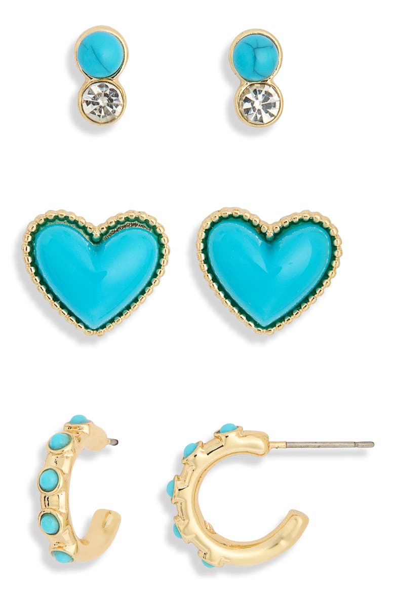 Better in Blue Set of 3 Stud & Huggie Hoop Earrings, Alternate, color, TURQUOISE