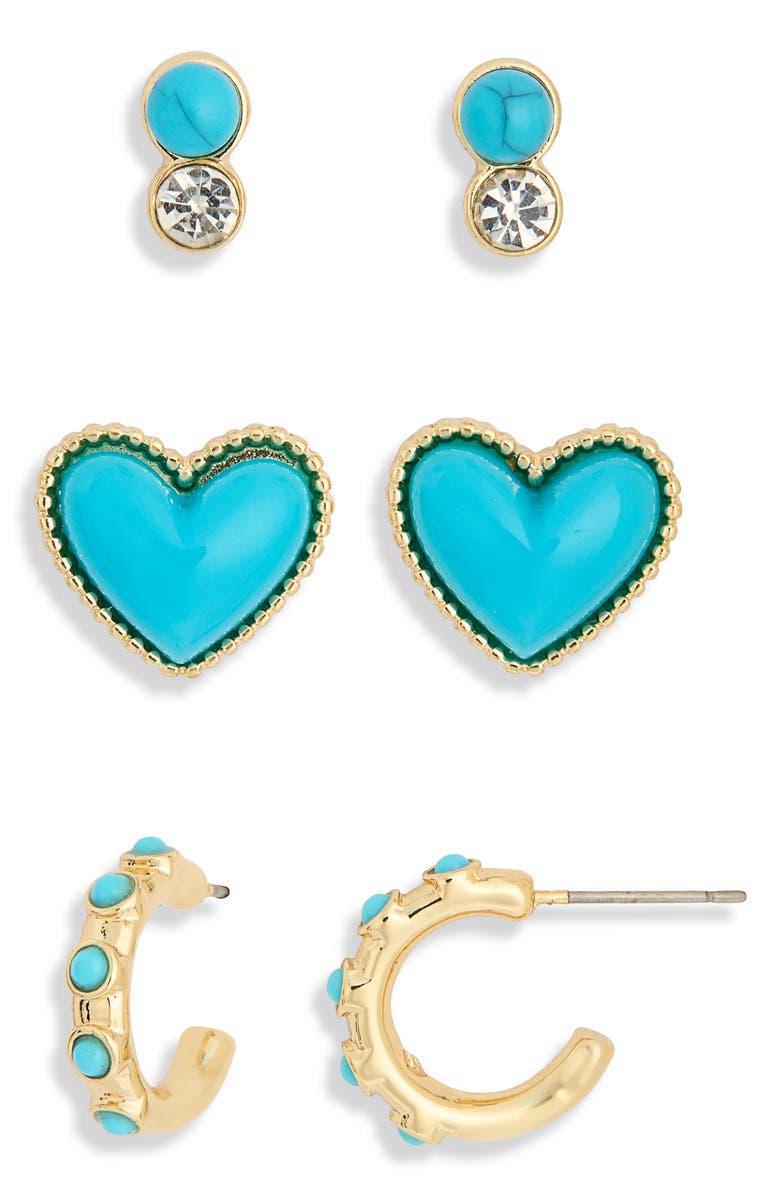 BaubleBar Better in Blue Set of 3 Stud & Huggie Hoop Earrings, Alternate, color, Turquoise