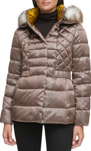 Kenneth Cole New York Core Mixed Puffer Jacket with Faux Fur Trim