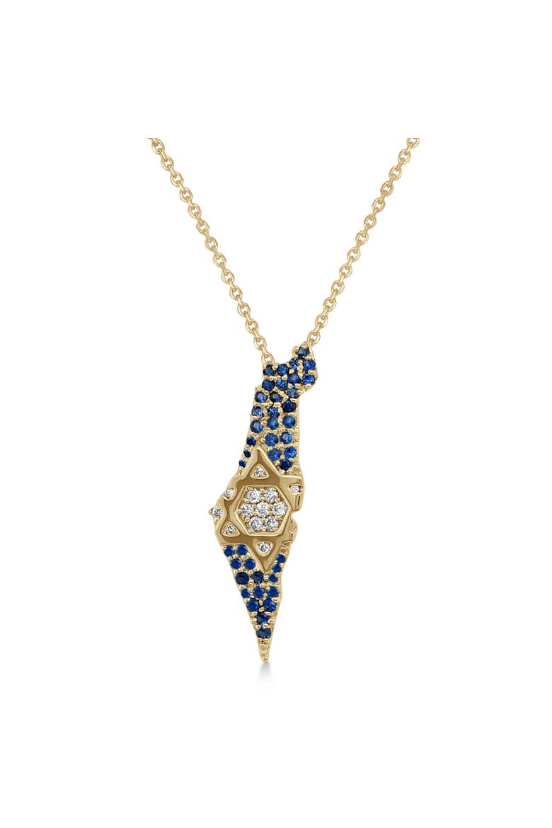 Diamond & Blue Sapphire Jewish Star Israel Map Pendant Necklace 14K, Main, color, 0.49ct/Yellow Gold