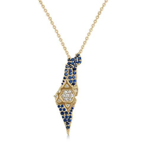 Diamond & Blue Sapphire Jewish Star Israel Map Pendant Necklace 14K