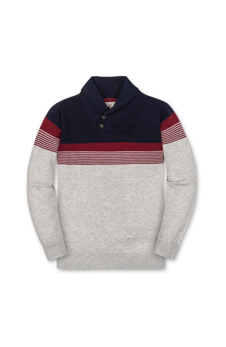 Hope & Henry Kids' Organic Long Sleeve Striped Shawl Collar Sweater, Main, color, Navy And Gray Chest Stripe
