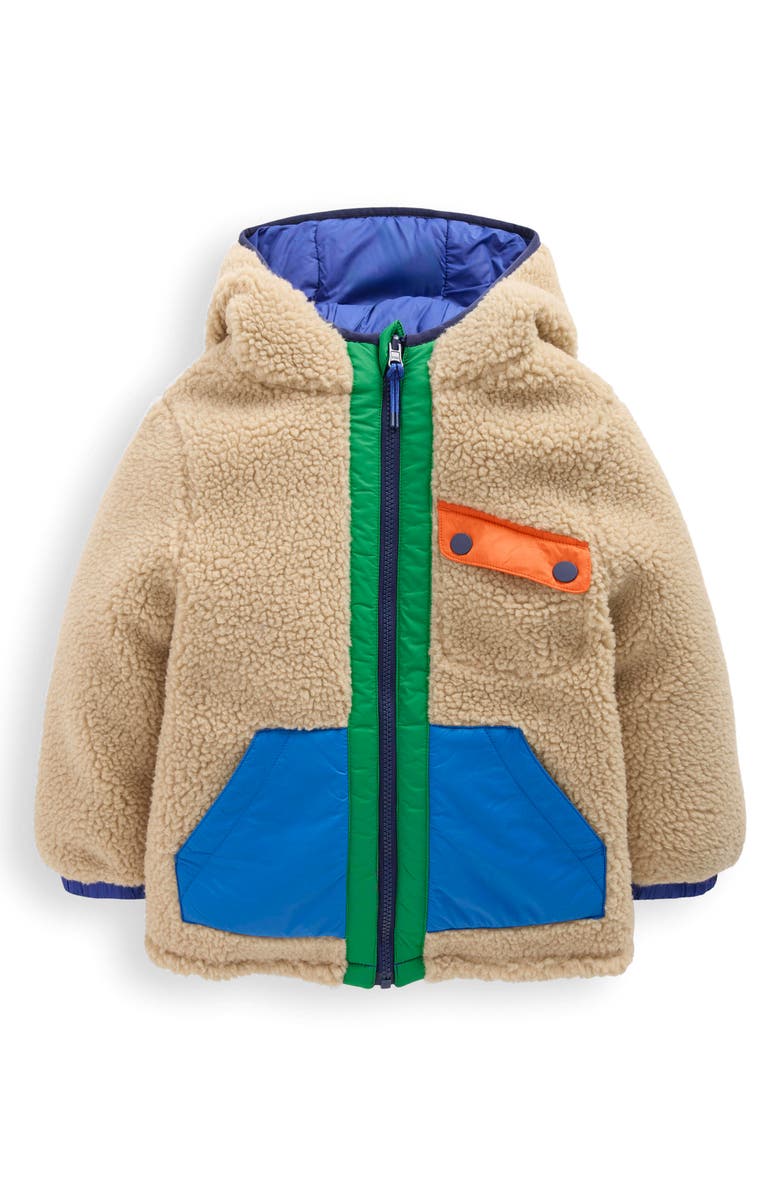 Mini Boden Kids' Reversible Cozy Hooded Jacket, Main, color, Beige/ Mazarine Blue