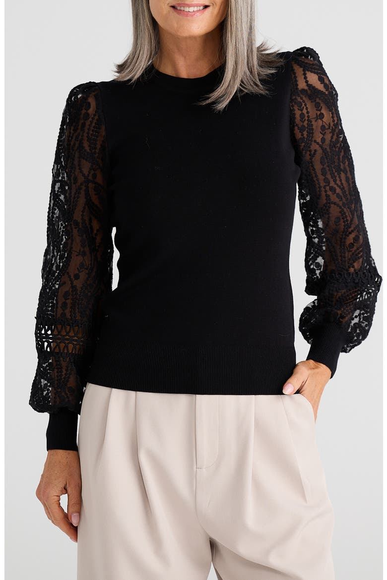 Janelle Embroidered Organza Sleeve Knit Top, Main, color, BLACK
