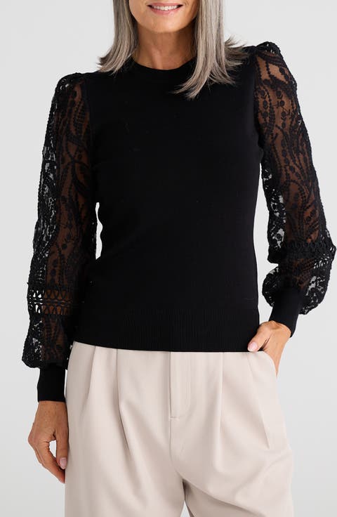 Janelle Embroidered Organza Sleeve Knit Top