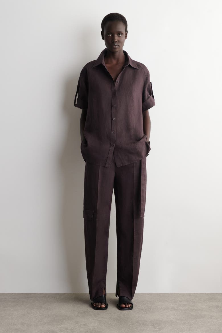 Folded-sleeve Linen Shirt, Alternate, color, BURGUNDY