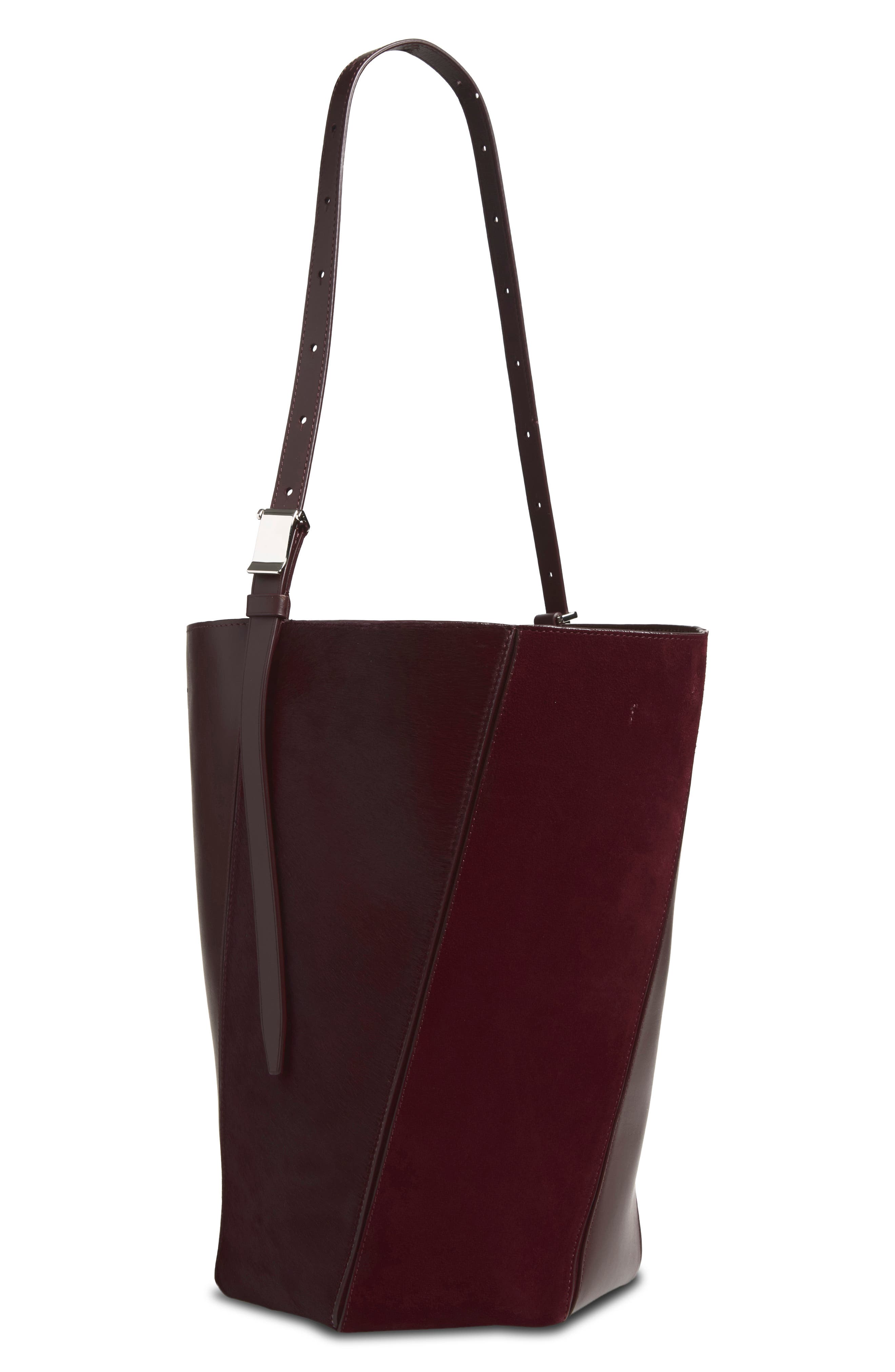 Hex Leather and Haircalf Bucket Bag, Alternate, color, BORDEAUX