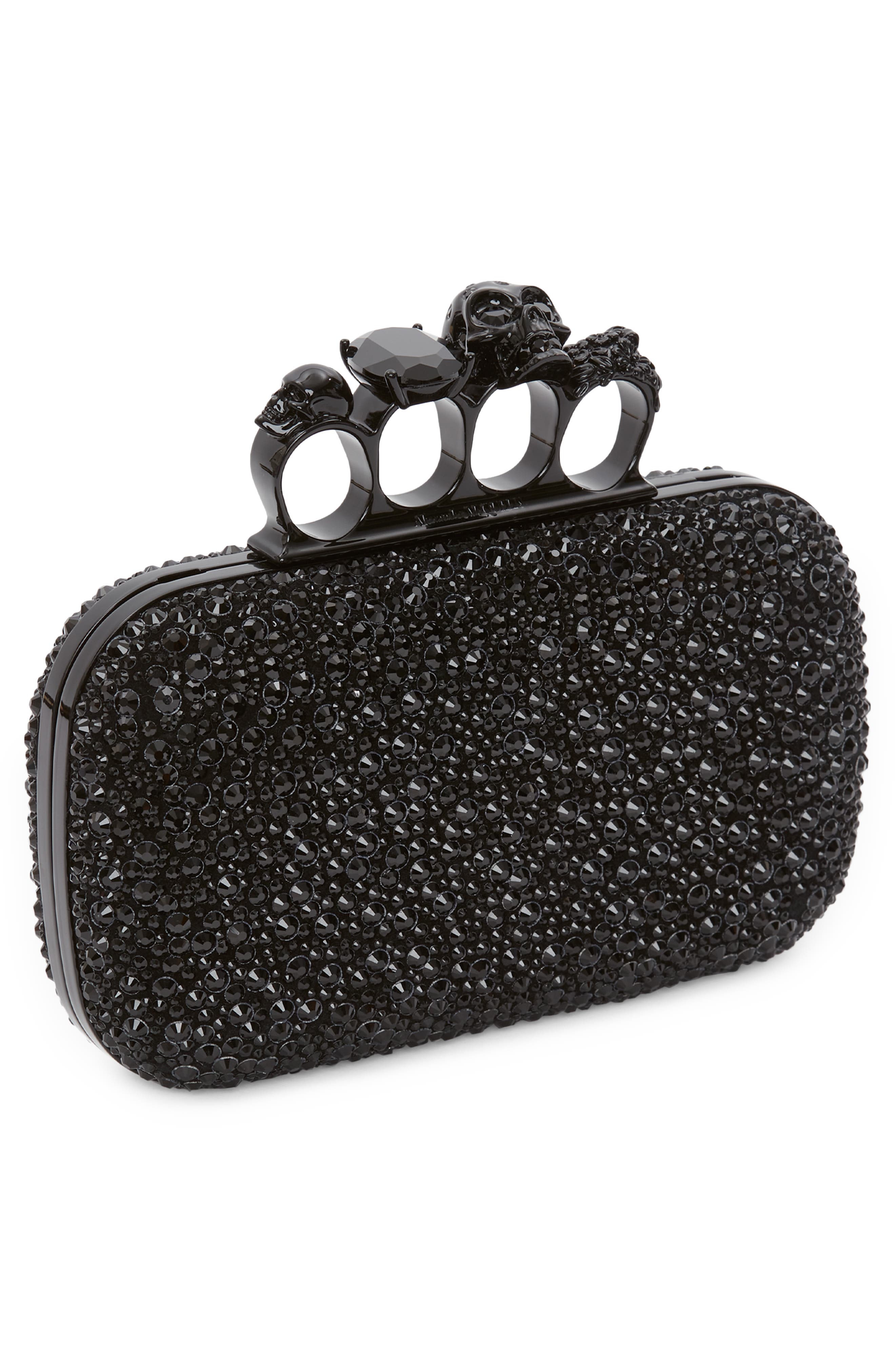 McQueen Skull Crystal Embellished Four-Ring Box Clutch, Alternate, color, 