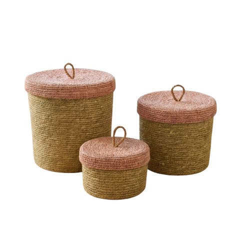 Hydra Woven Seagrass Nesting Canisters Set of 3, Rose