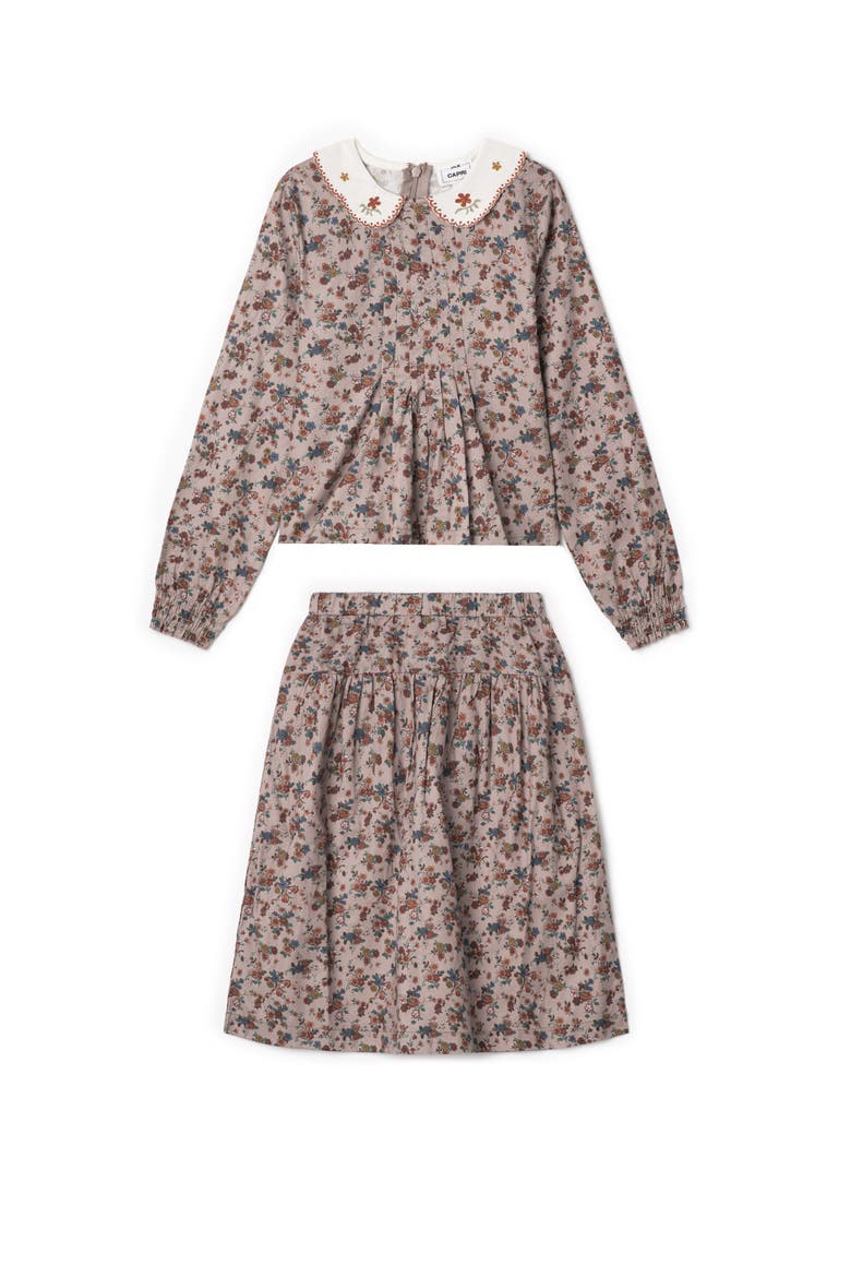 Floral Embroidered Collar Blouse & Elastic Waist Skirt 2-Piece Set, Main, color, Burgundy/Beige