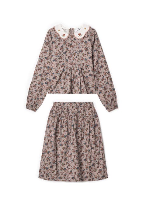 Floral Embroidered Collar Blouse & Elastic Waist Skirt 2-Piece Set