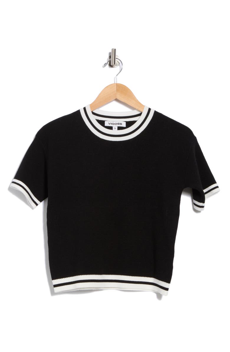Vigoss Tipped Short Sleeve Sweater, Alternate, color, Black/ White
