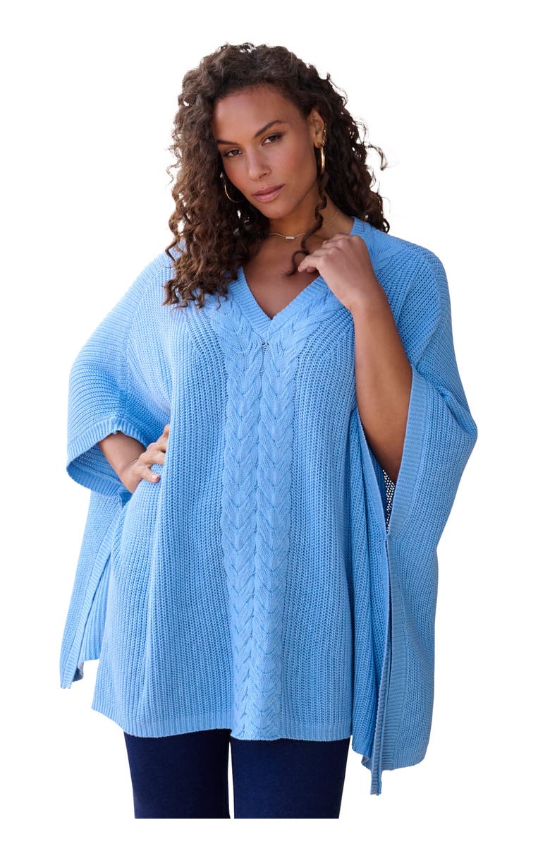 Roaman's Cable Knit Poncho, Main, color, Soft Sky
