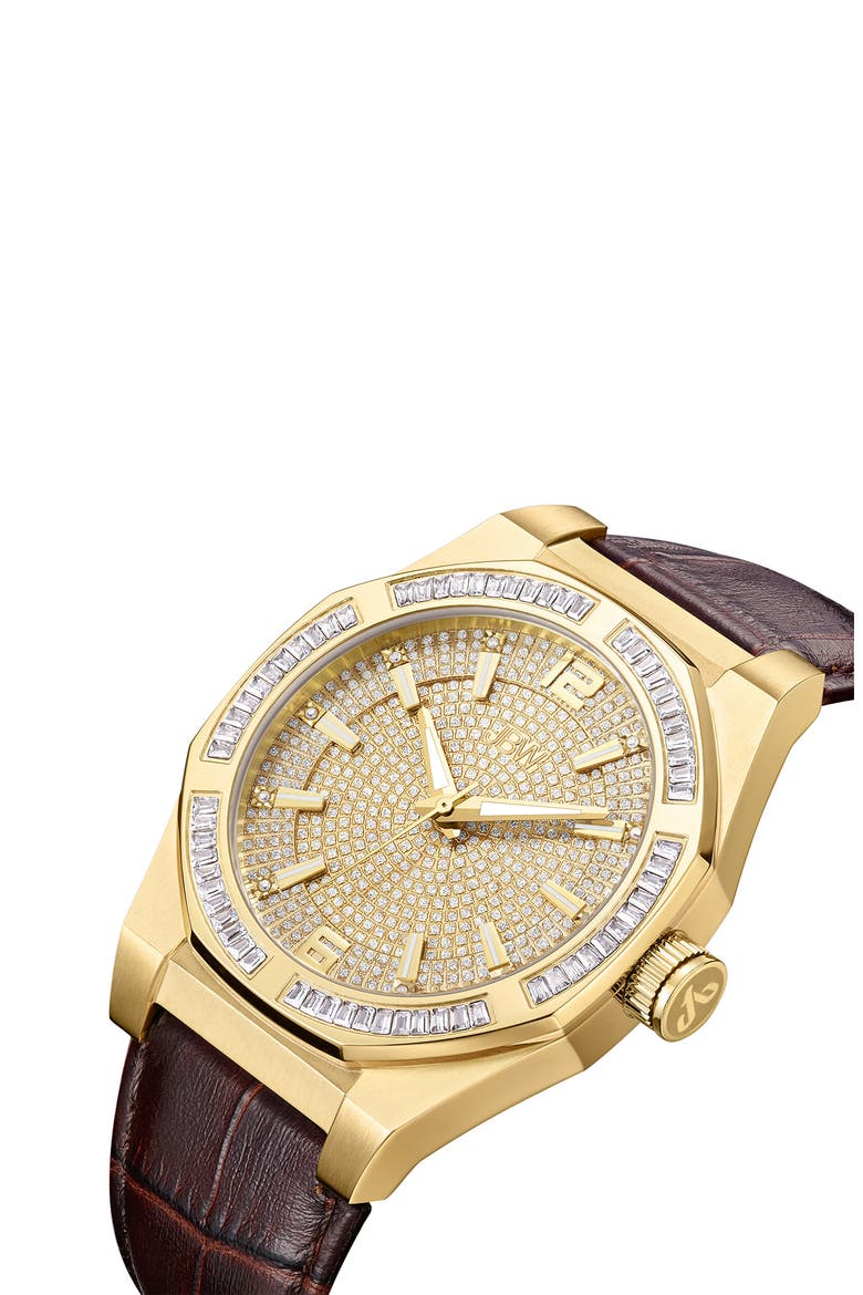 Men's Apollo Diamond Embossed Leather Watch, 44mm - 0.10 ctw, Alternate, color, GOLD
