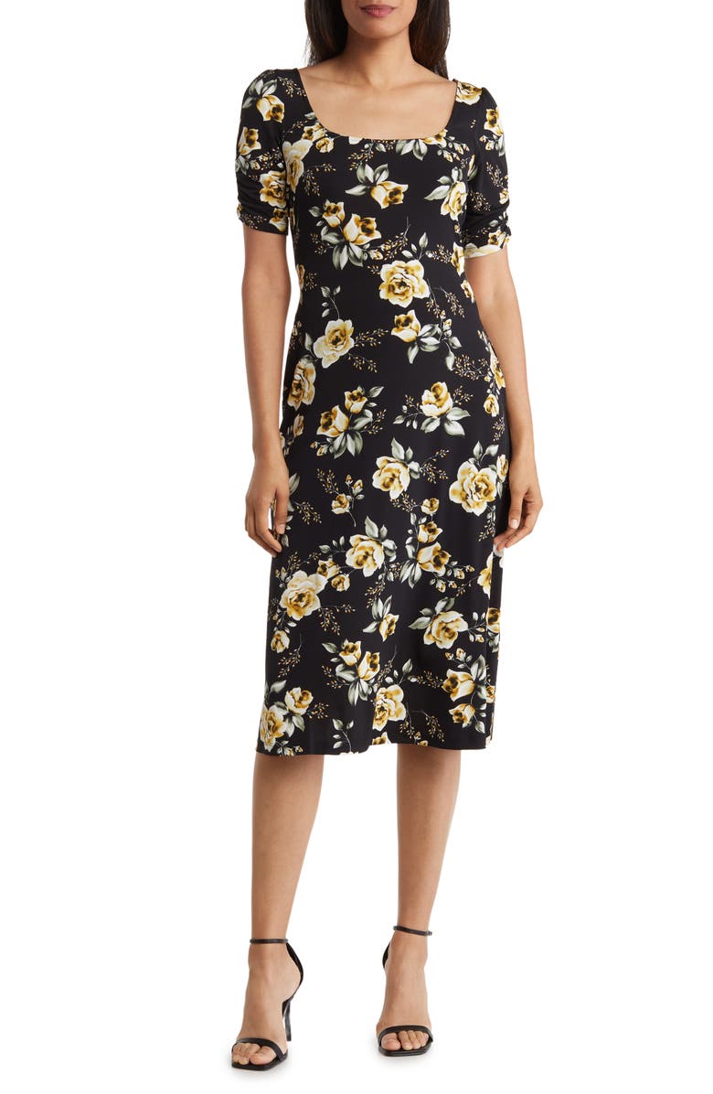 Connected Apparel Floral Print Pucker Sleeve Midi Dress, Main, color, 