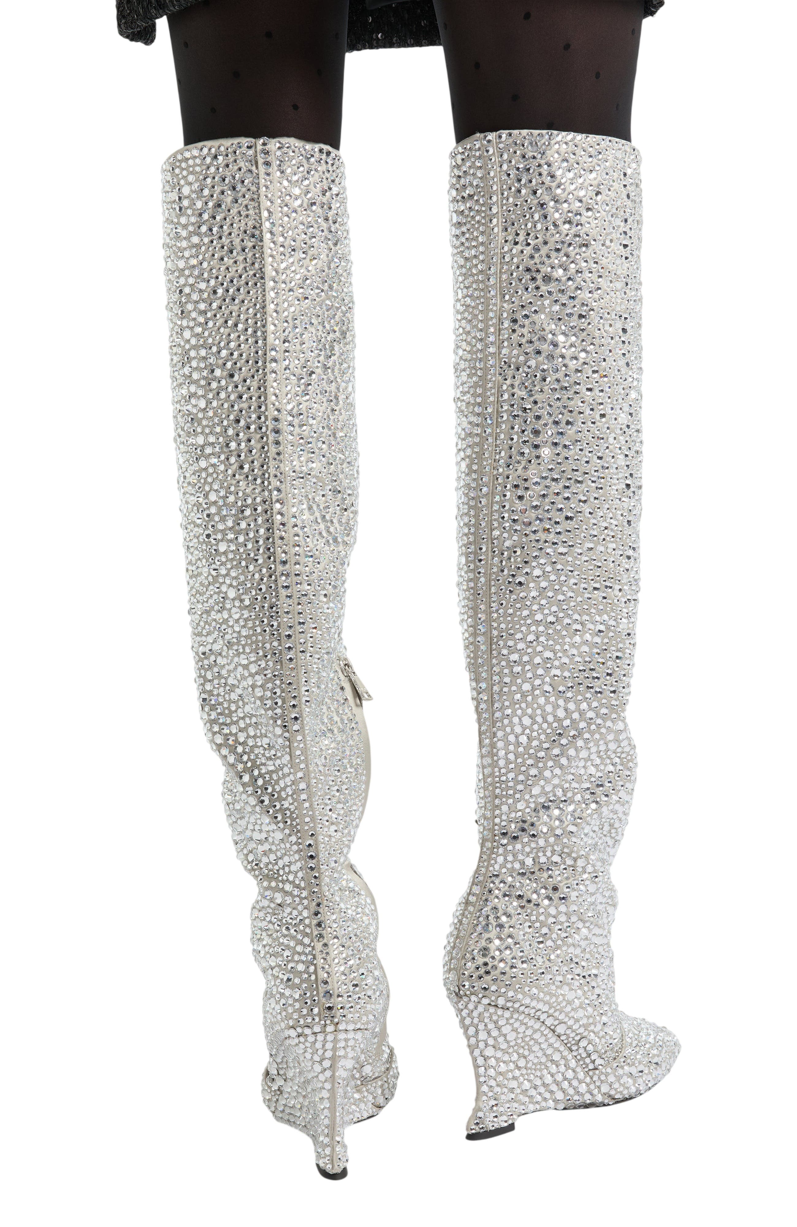 Wedge Thigh-High Satin Boots with Crystals, Alternate, color, Silver