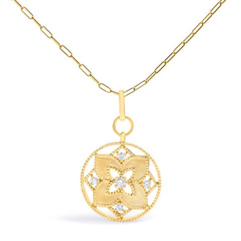 14k Yellow Gold 1/4 Cttw Diamond Star Flower Medallion Pendant Necklace