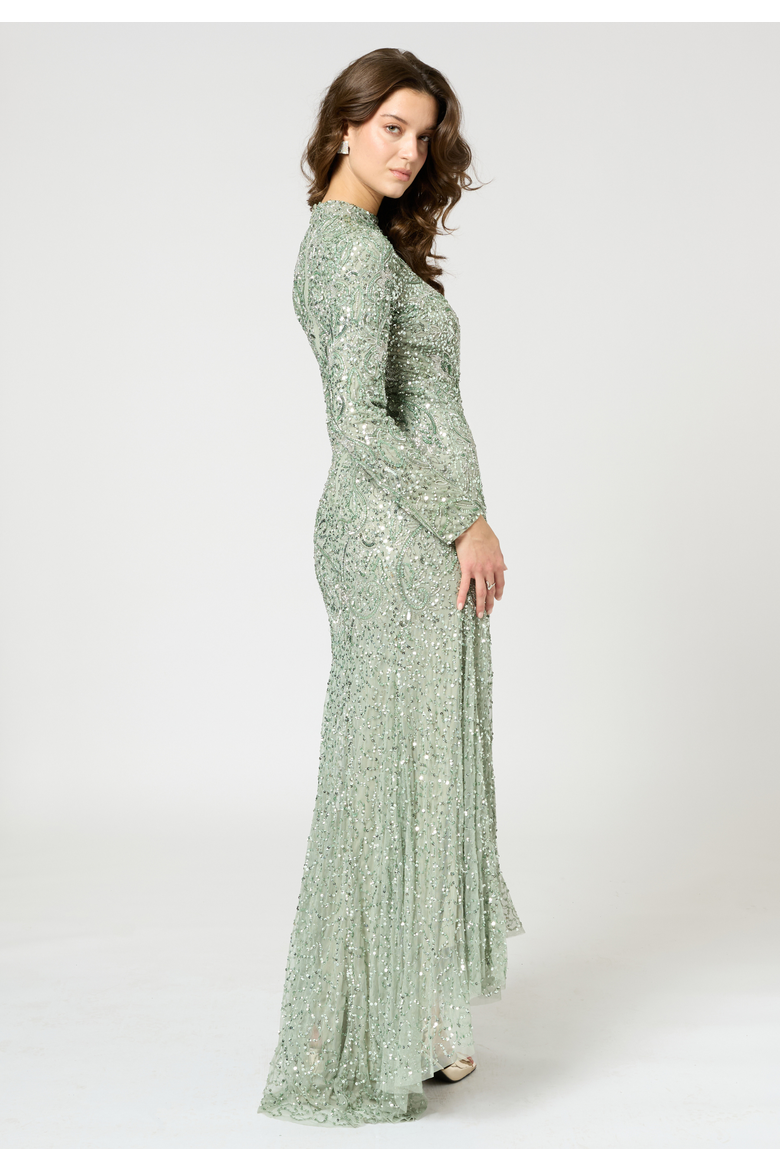 Modest Embellished Sequin Beaded Maxi Trail Dress, Alternate, color, SAGE GREEN